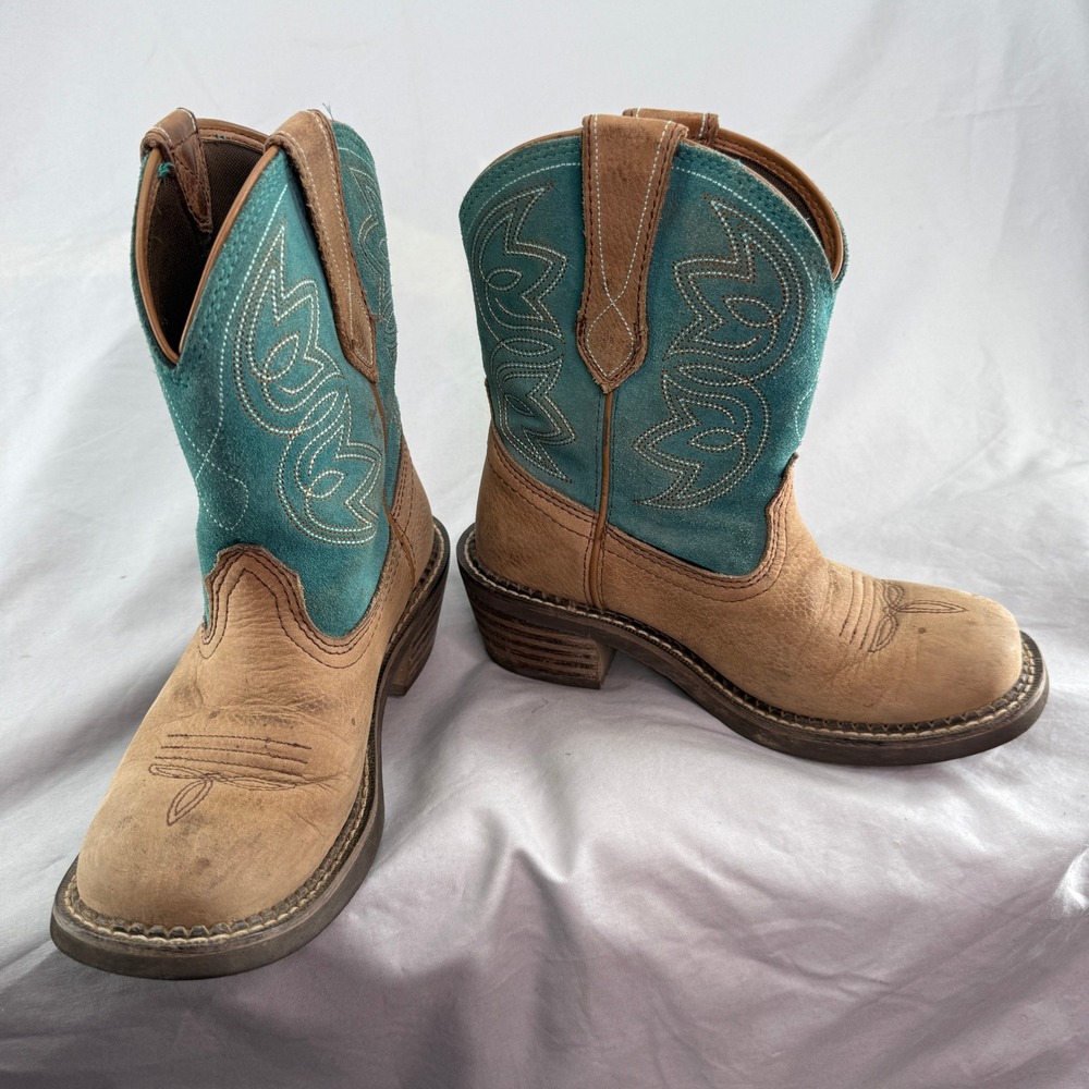 Ariat Womens Brown Leather Teal Suede Square Toe 6B Western Cowgirl Boots